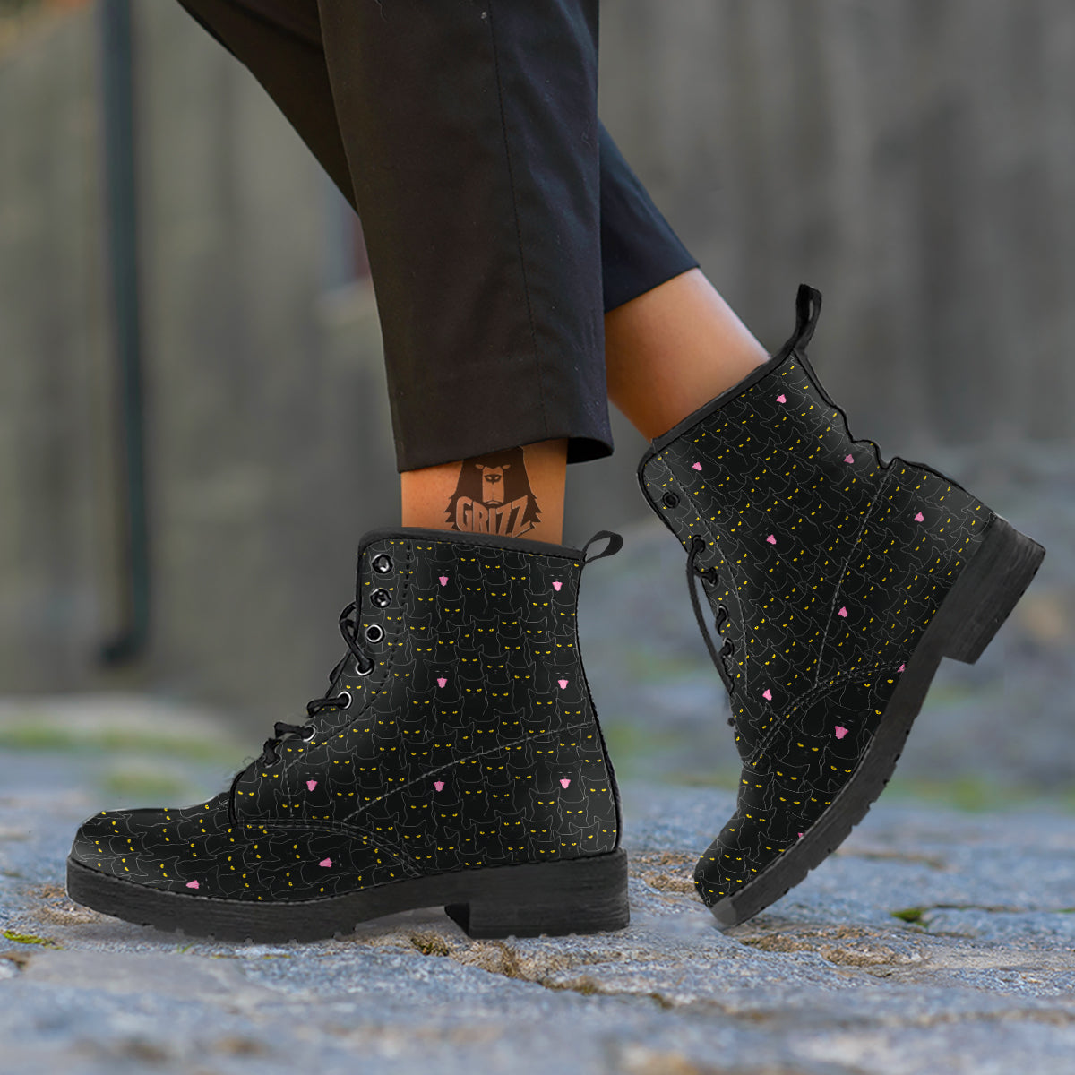 Black Cats Eyes Yellow Print Pattern Leather Boots-grizzshop