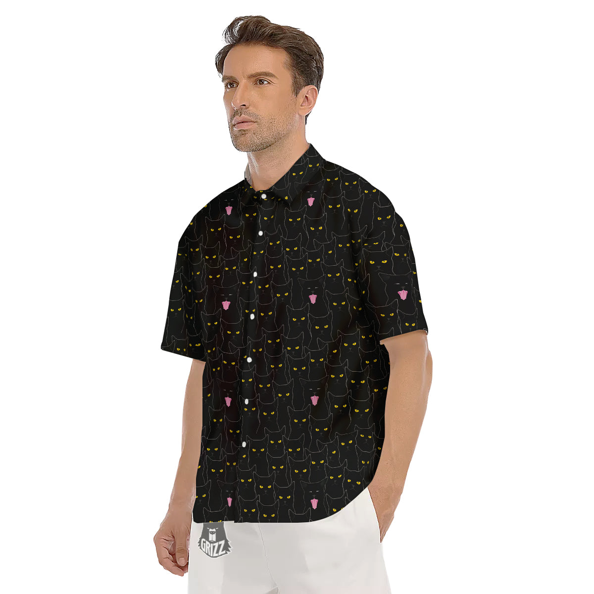 Black Cats Eyes Yellow Print Pattern Men's Short Sleeve Shirts-grizzshop