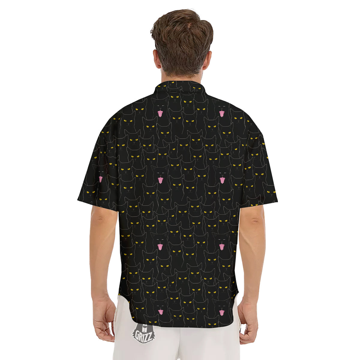 Black Cats Eyes Yellow Print Pattern Men's Short Sleeve Shirts-grizzshop