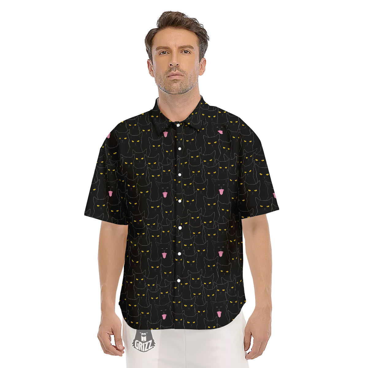 Black Cats Eyes Yellow Print Pattern Men's Short Sleeve Shirts-grizzshop