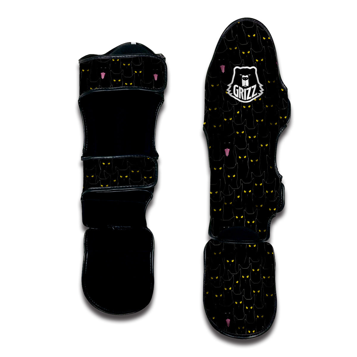 Black Cats Eyes Yellow Print Pattern Muay Thai Shin Guards-grizzshop