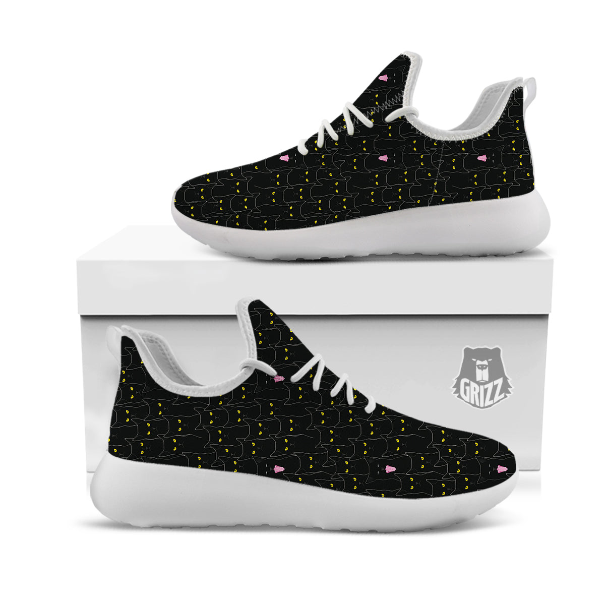 Black Cats Eyes Yellow Print Pattern White Athletic Shoes-grizzshop