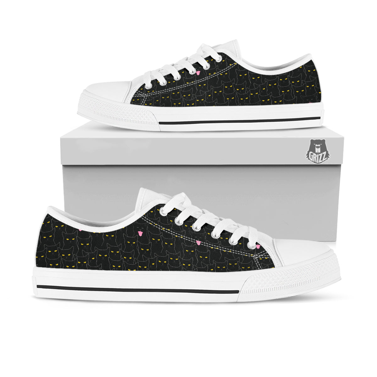 Black Cats Eyes Yellow Print Pattern White Low Top Shoes-grizzshop