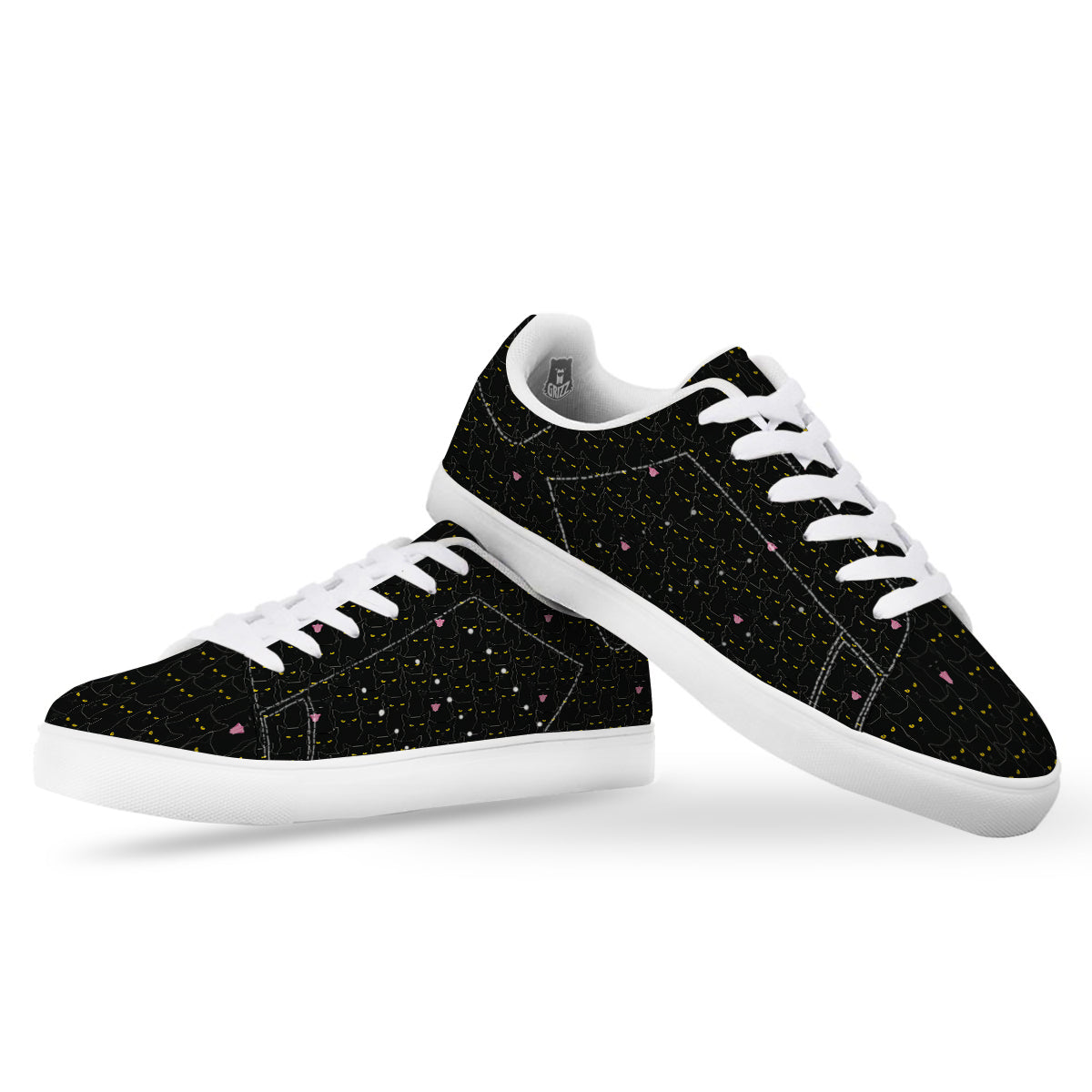 Black Cats Eyes Yellow Print Pattern White Low Top Sneakers-grizzshop