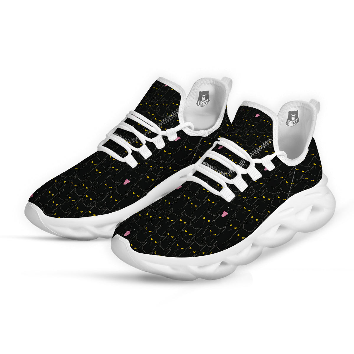 Black Cats Eyes Yellow Print Pattern White Running Shoes-grizzshop