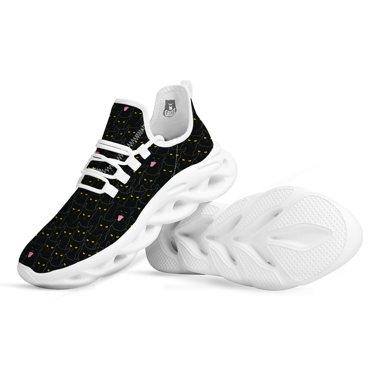 Black Cats Eyes Yellow Print Pattern White Running Shoes-grizzshop