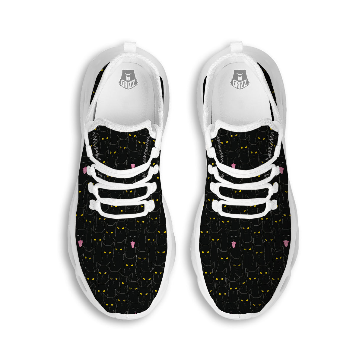 Black Cats Eyes Yellow Print Pattern White Running Shoes-grizzshop