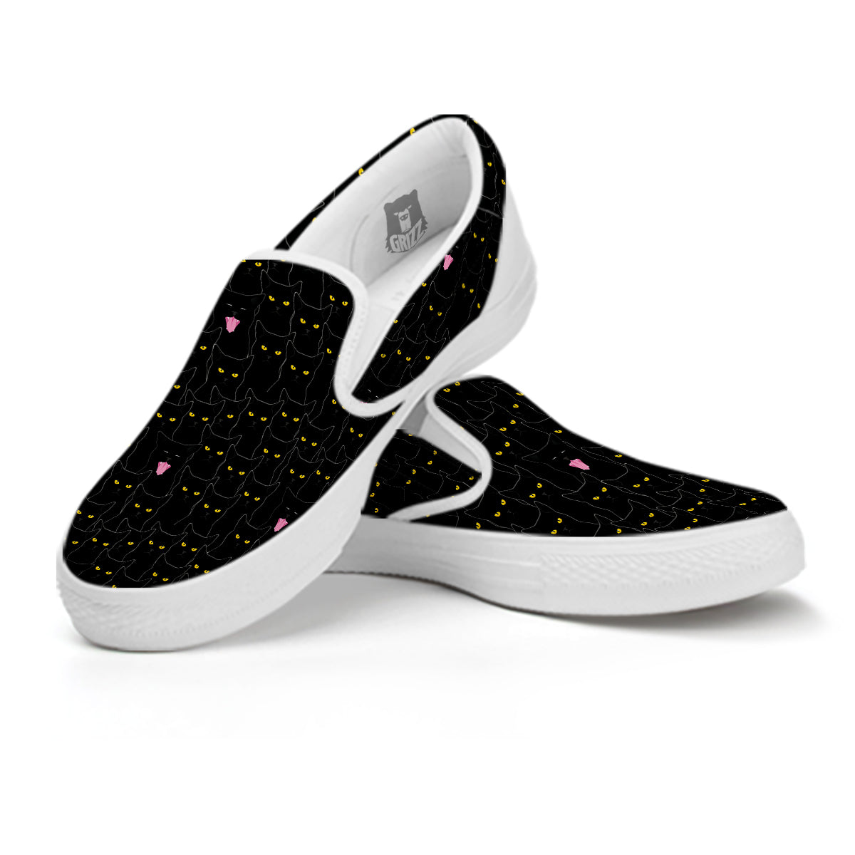 Black Cats Eyes Yellow Print Pattern White Slip On Shoes-grizzshop