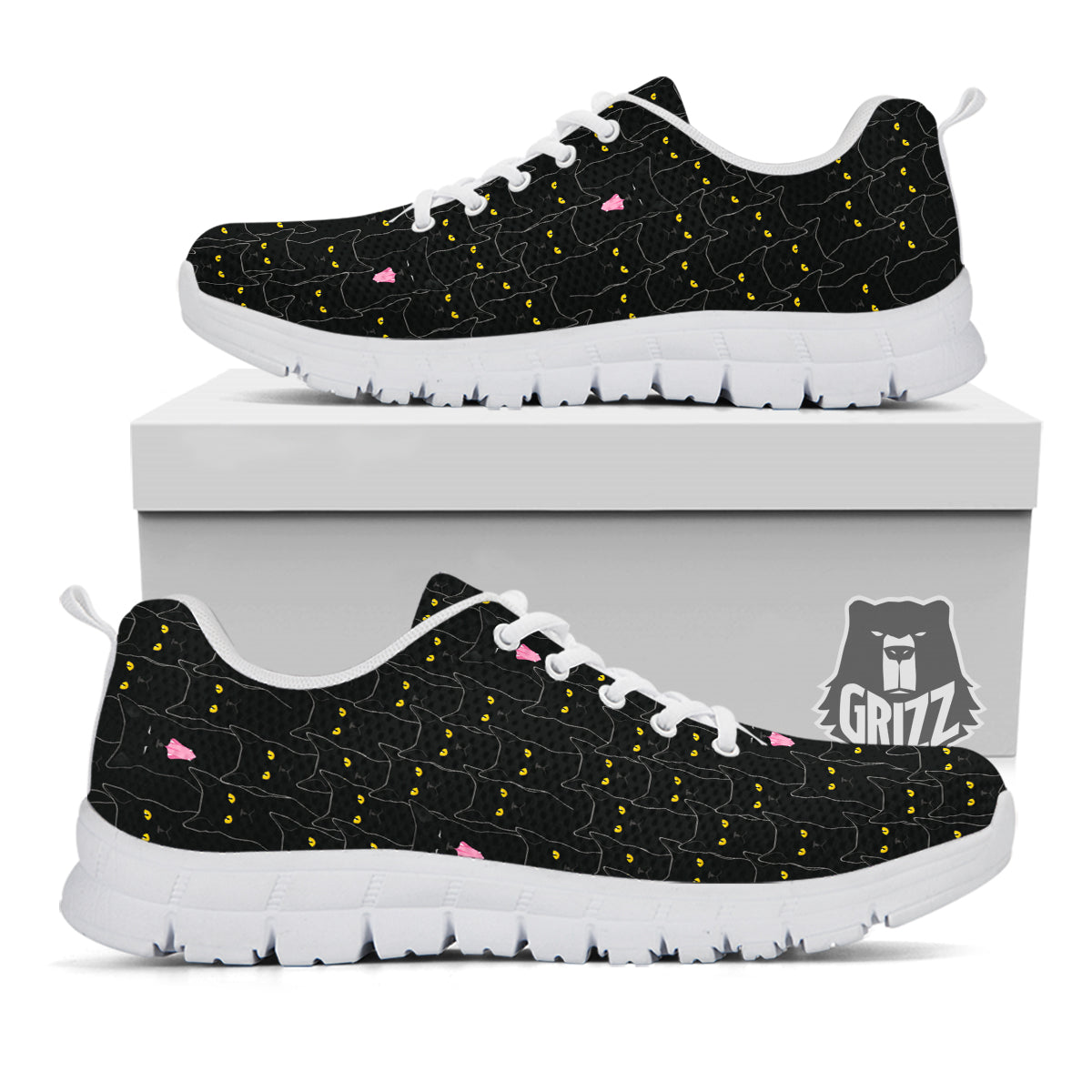 Black Cats Eyes Yellow Print Pattern White Sneaker-grizzshop