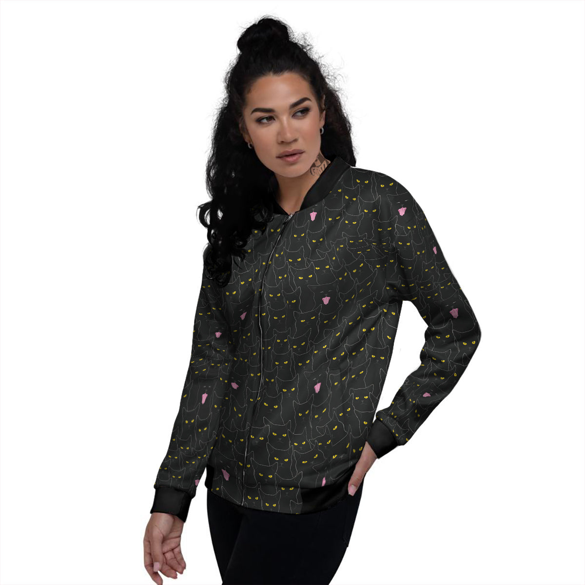 Black Cats Eyes Yellow Print Pattern Women's Bomber Jacket-grizzshop
