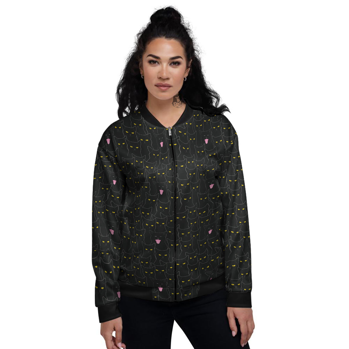 Black Cats Eyes Yellow Print Pattern Women's Bomber Jacket-grizzshop