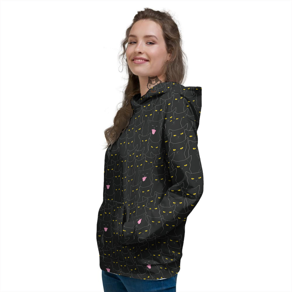 Black Cats Eyes Yellow Print Pattern Women's Hoodie-grizzshop