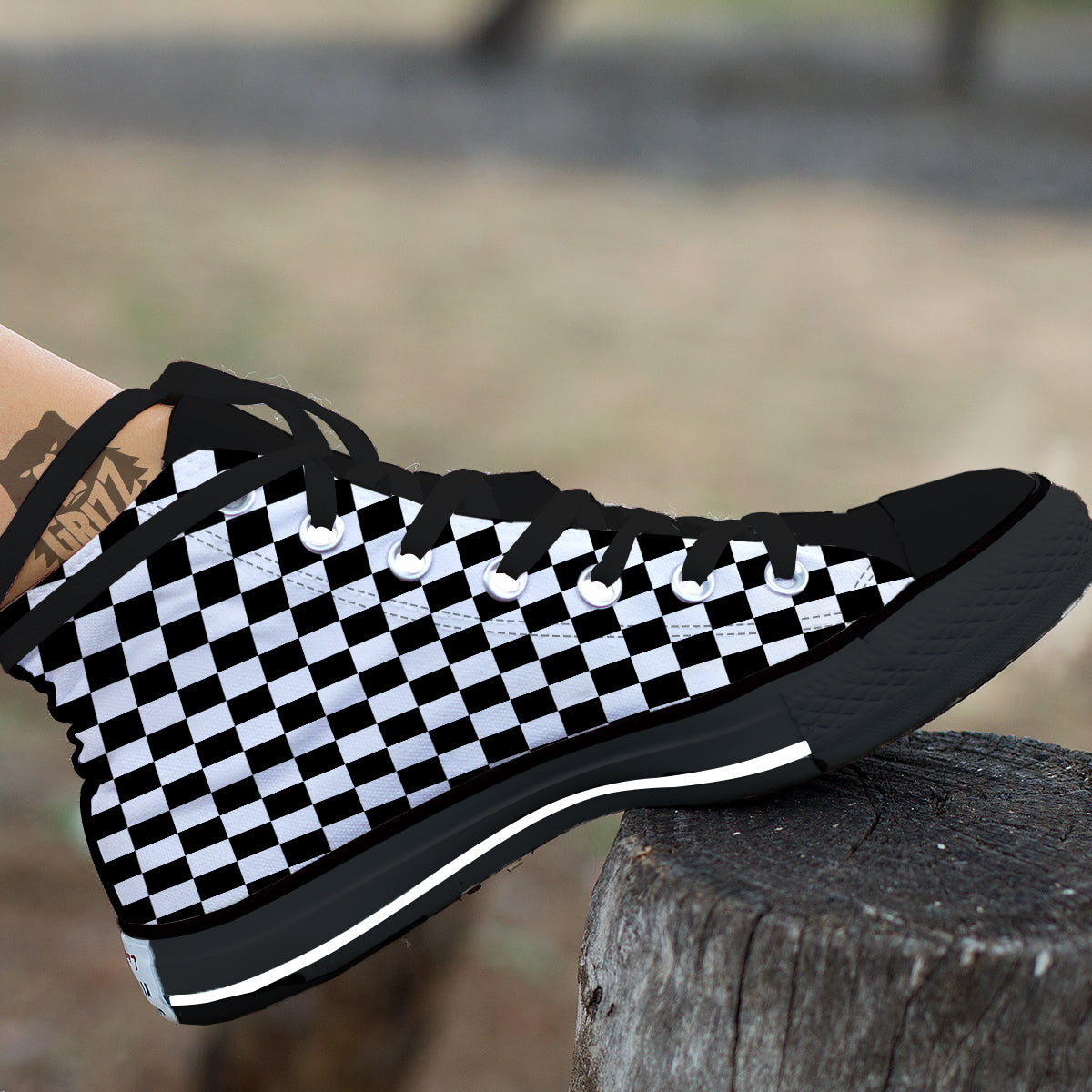 Black Checkered Flag Print Black High Top Shoes-grizzshop