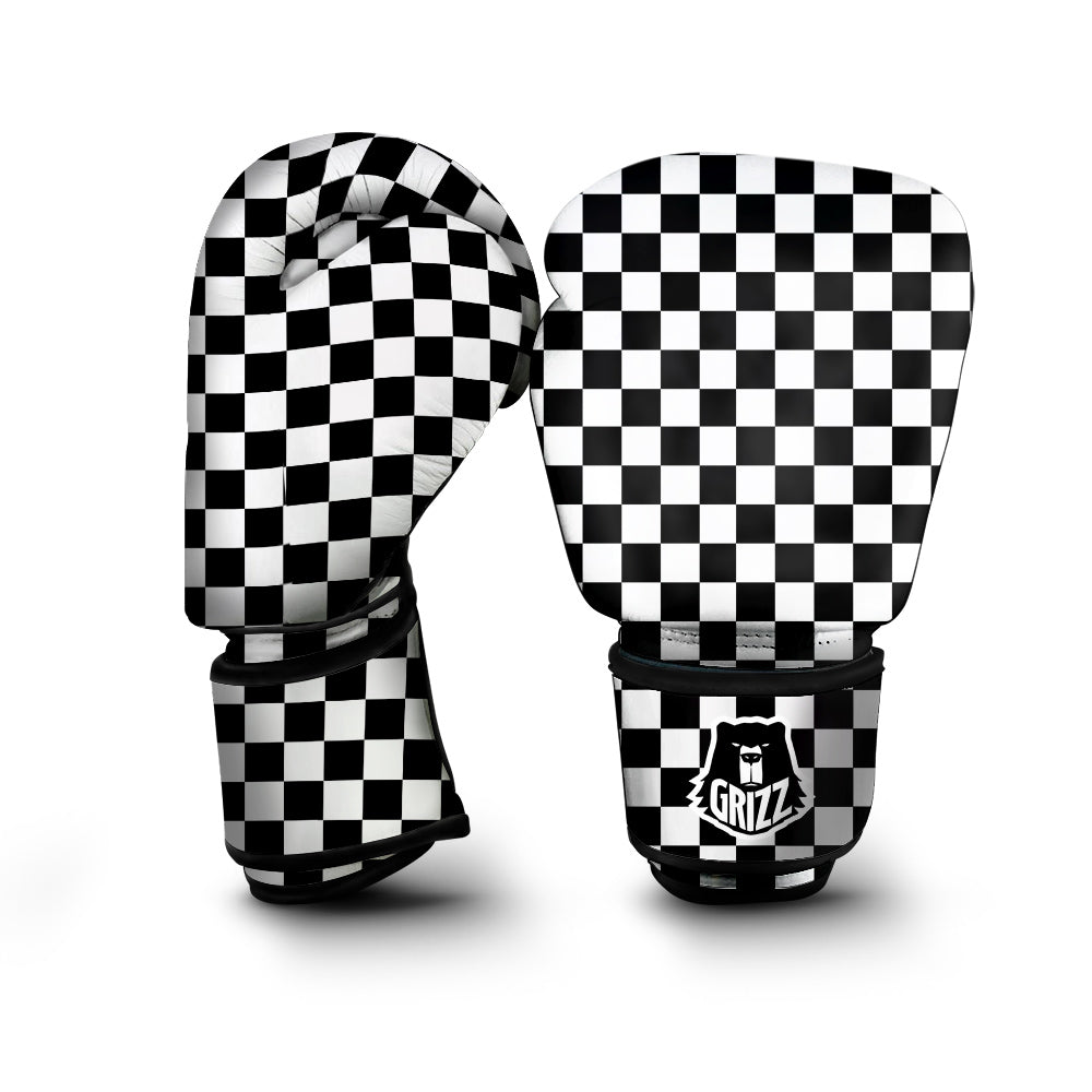 Black Checkered Flag Print Boxing Gloves-grizzshop