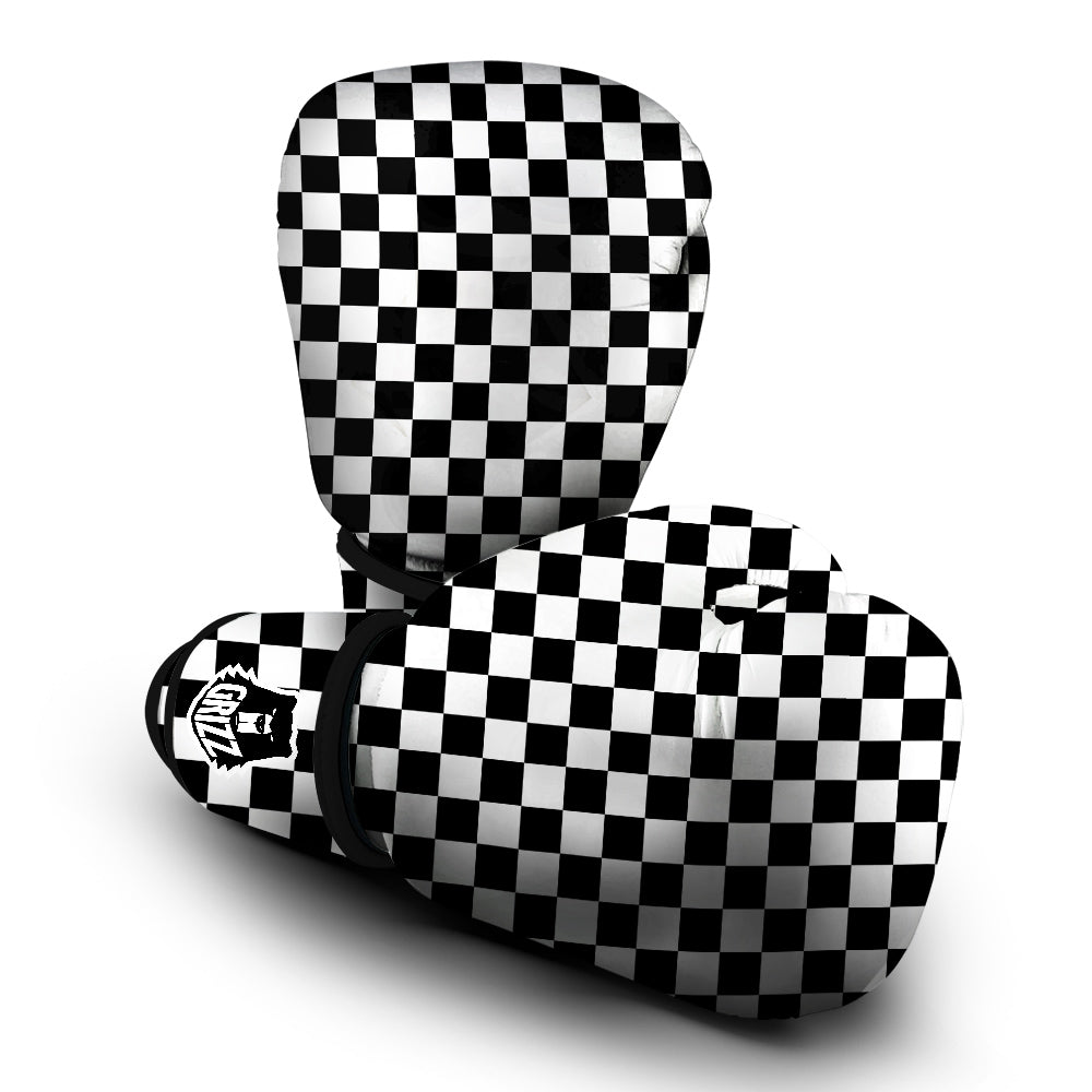 Black Checkered Flag Print Boxing Gloves-grizzshop