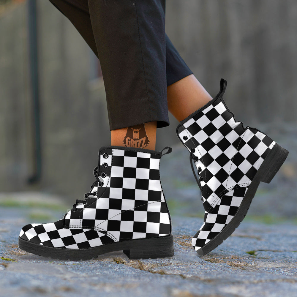 Black Checkered Flag Print Leather Boots-grizzshop