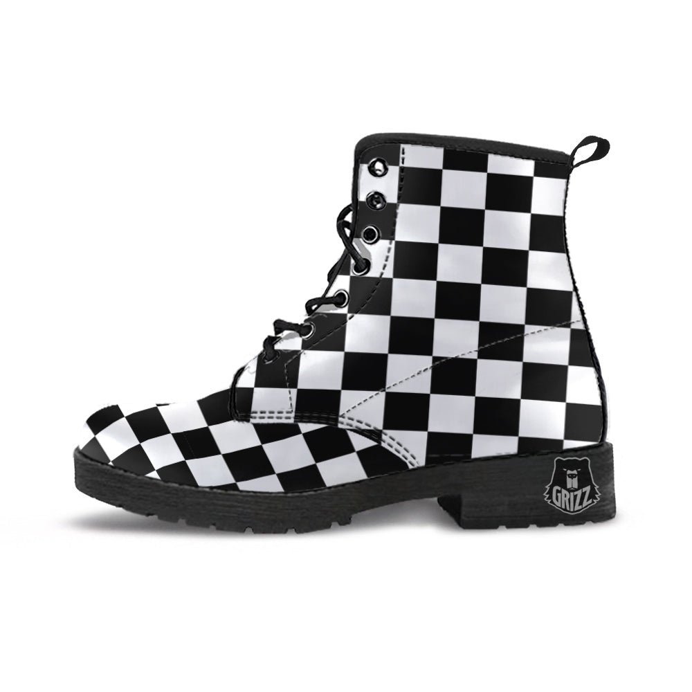 Black Checkered Flag Print Leather Boots-grizzshop