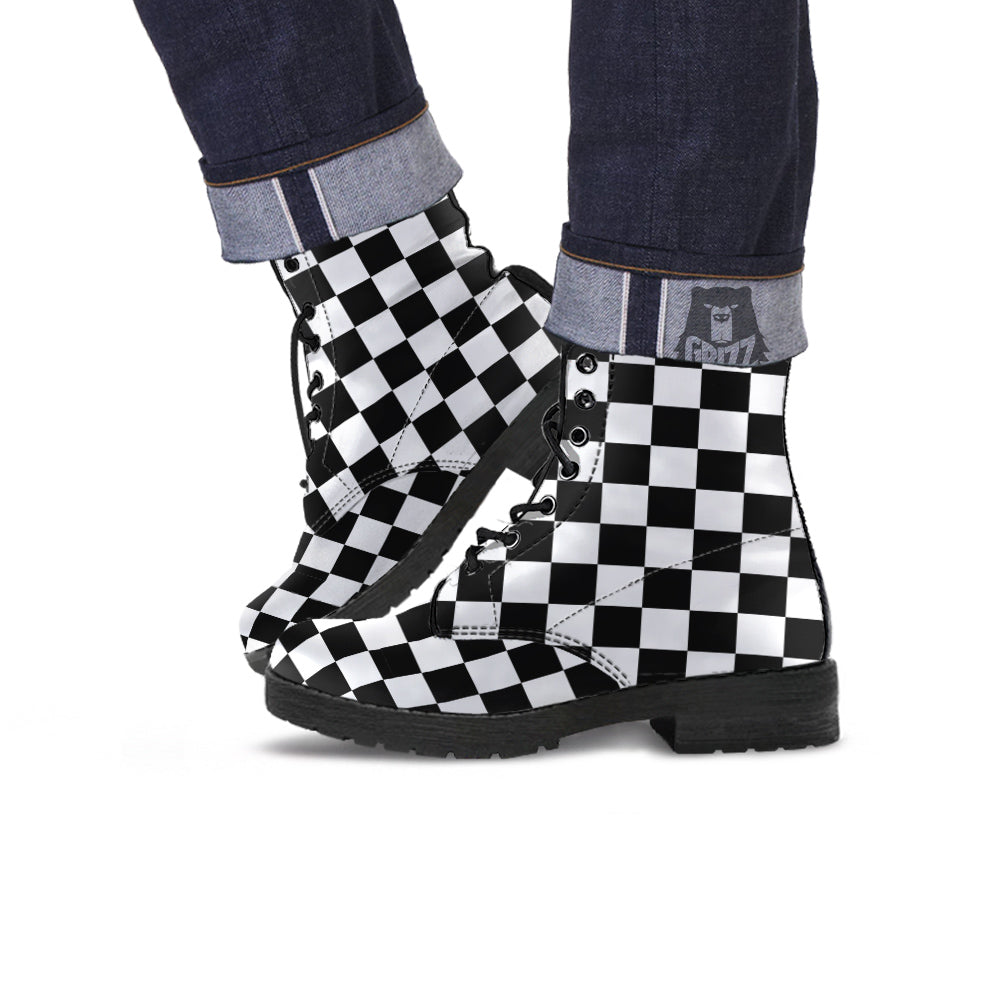 Black Checkered Flag Print Leather Boots-grizzshop