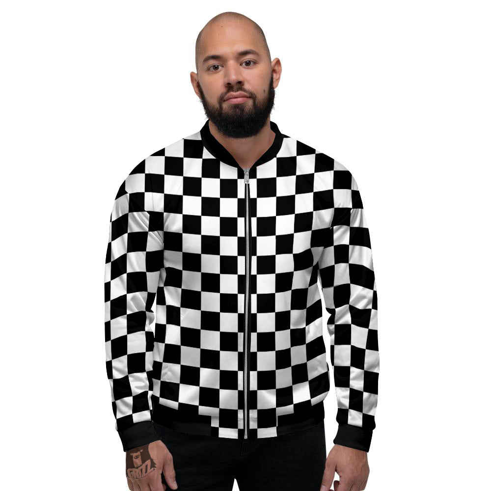 Black Checkered Flag Print Men's Bomber Jacket-grizzshop