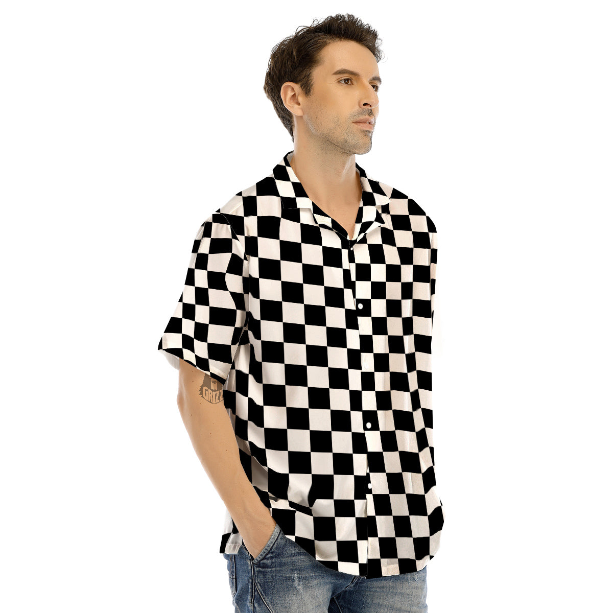 Black Checkered Flag Print Men’s Hawaiian Shirt-grizzshop