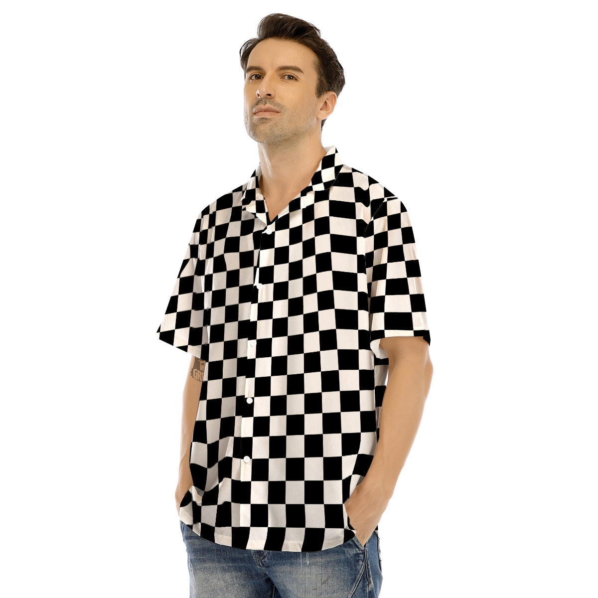 Black Checkered Flag Print Men’s Hawaiian Shirt-grizzshop