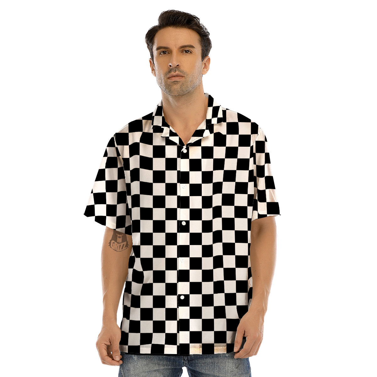 Black Checkered Flag Print Men’s Hawaiian Shirt-grizzshop