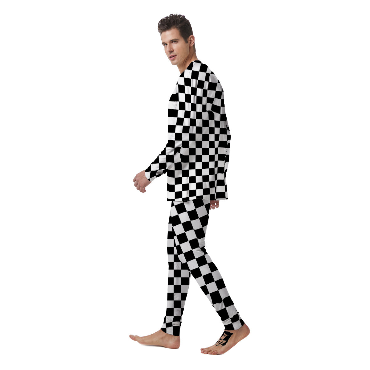 Black Checkered Flag Print Men's Pajamas-grizzshop