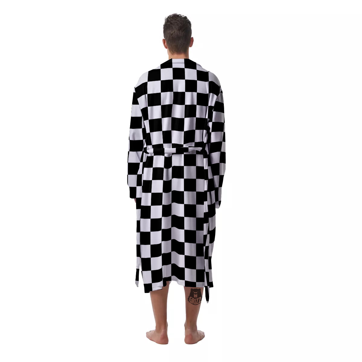 Black Checkered Flag Print Men's Robe-grizzshop