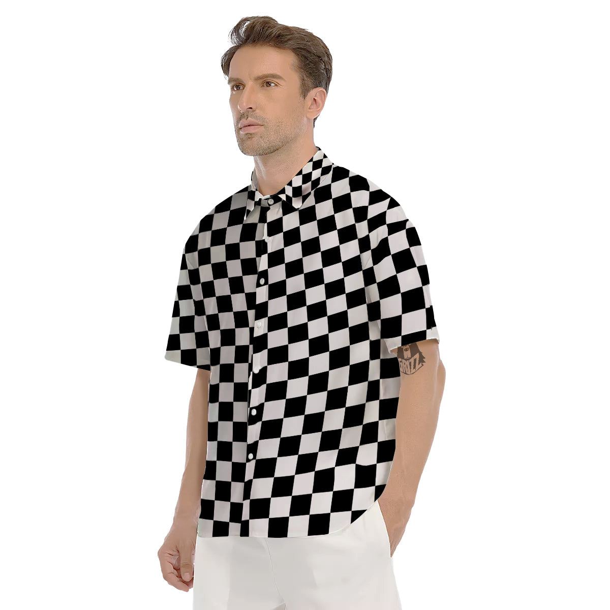 Black Checkered Flag Print Men's Short Sleeve Shirts-grizzshop