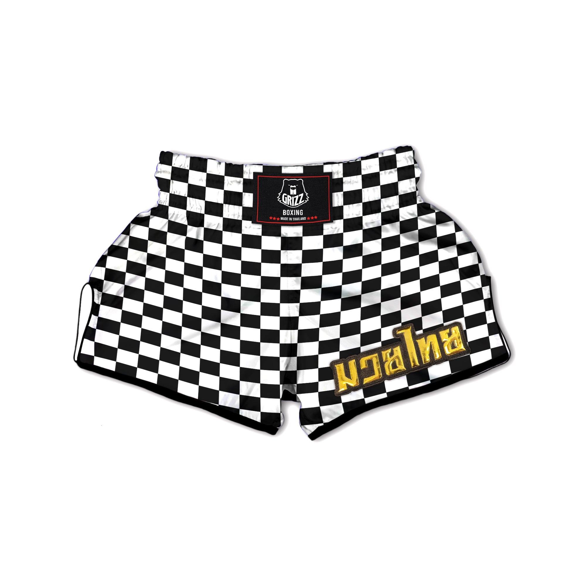 Black Checkered Flag Print Muay Thai Boxing Shorts-grizzshop