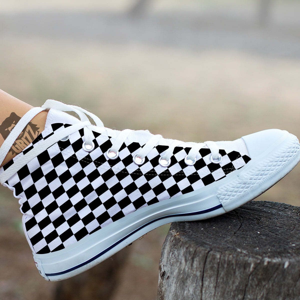 Black Checkered Flag Print White High Top Shoes-grizzshop