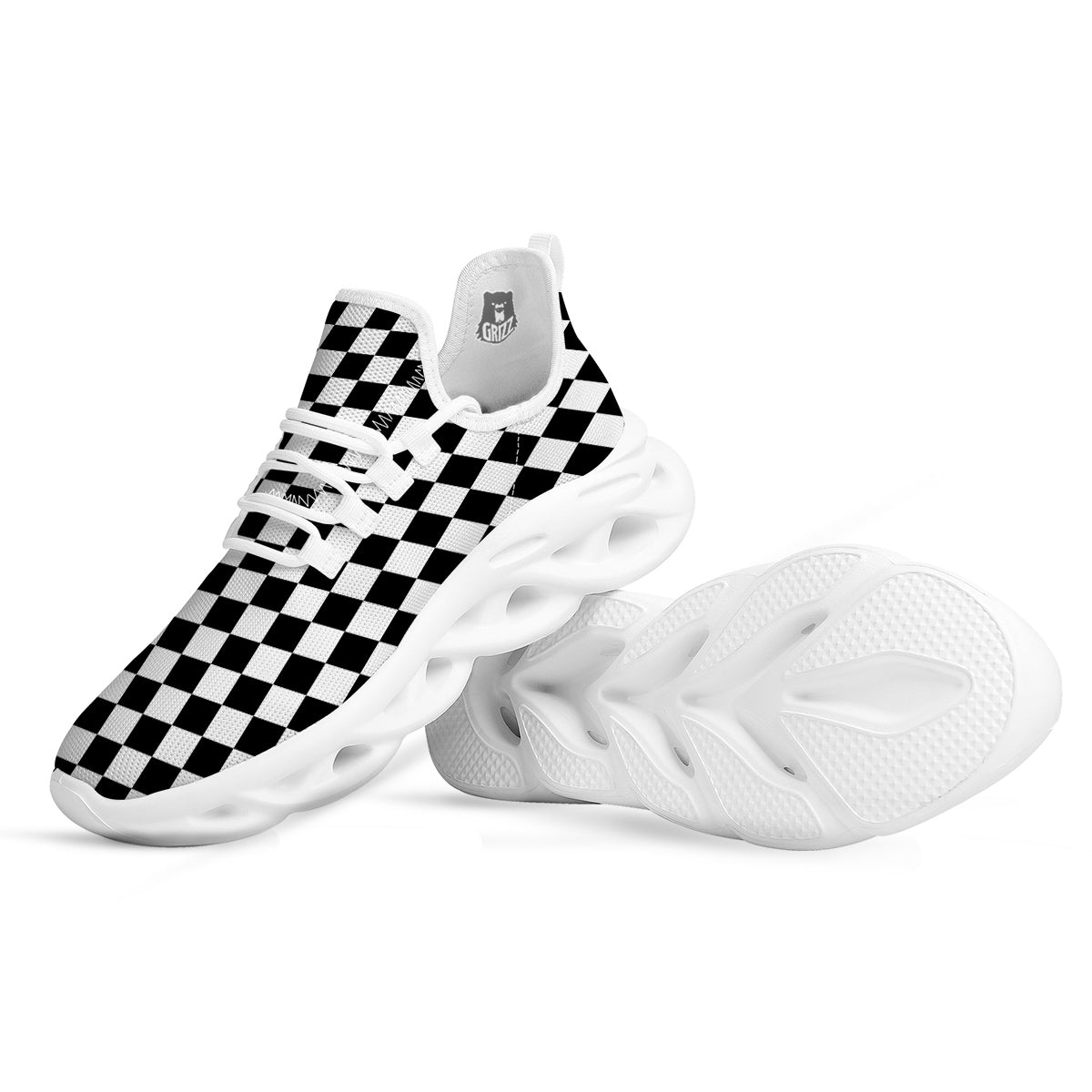 Black Checkered Flag Print White Running Shoes-grizzshop
