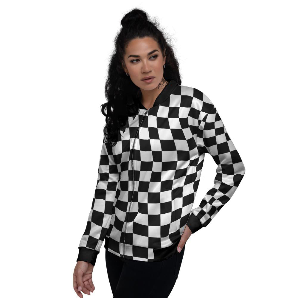 Black Checkered Flag Print Women's Bomber Jacket-grizzshop