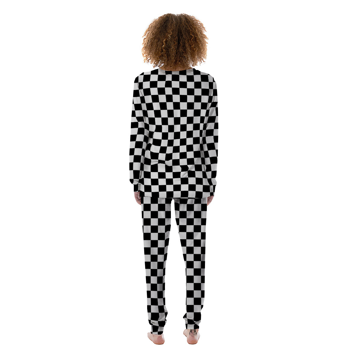 Black Checkered Flag Print Women's Pajamas-grizzshop