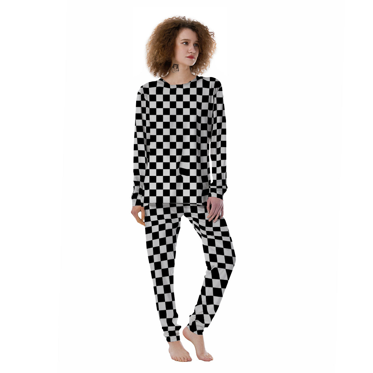 Black Checkered Flag Print Women's Pajamas-grizzshop