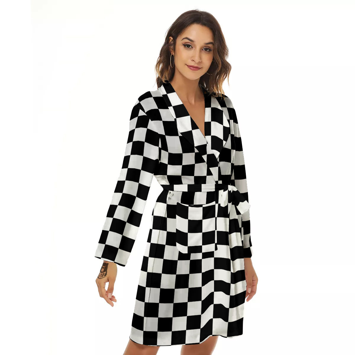 Black Checkered Flag Print Women's Robe-grizzshop