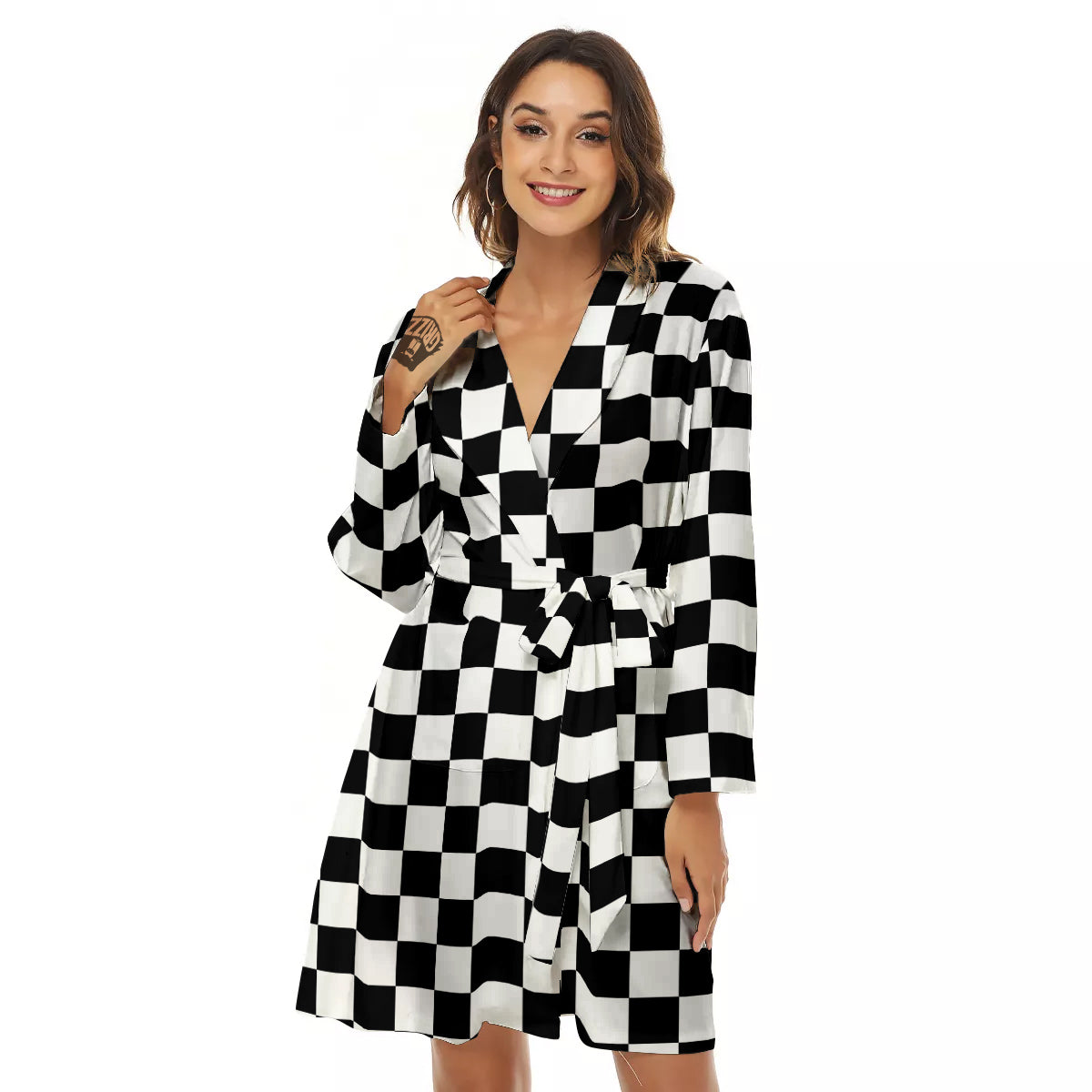 Black Checkered Flag Print Women's Robe-grizzshop