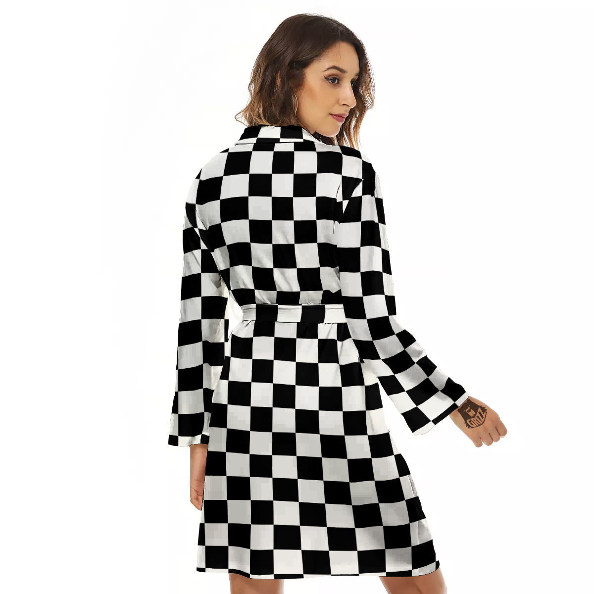 Black Checkered Flag Print Women's Robe-grizzshop