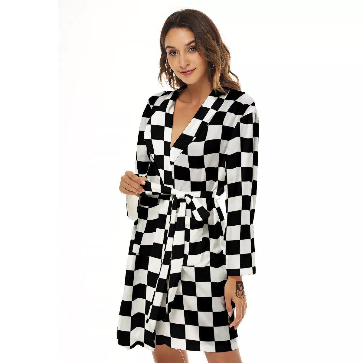 Black Checkered Flag Print Women's Robe-grizzshop