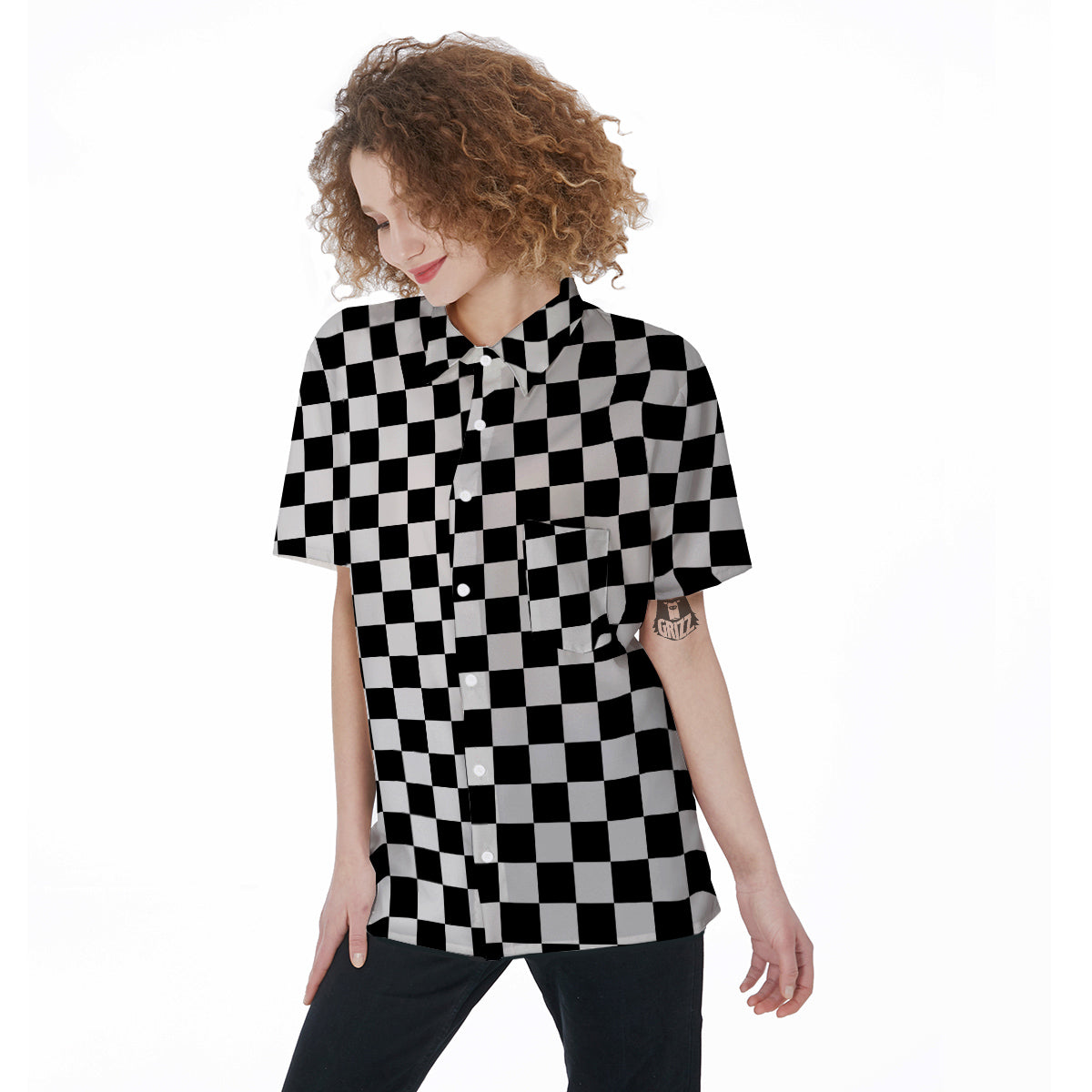 Black Checkered Flag Print Women's Short Sleeve Shirts-grizzshop