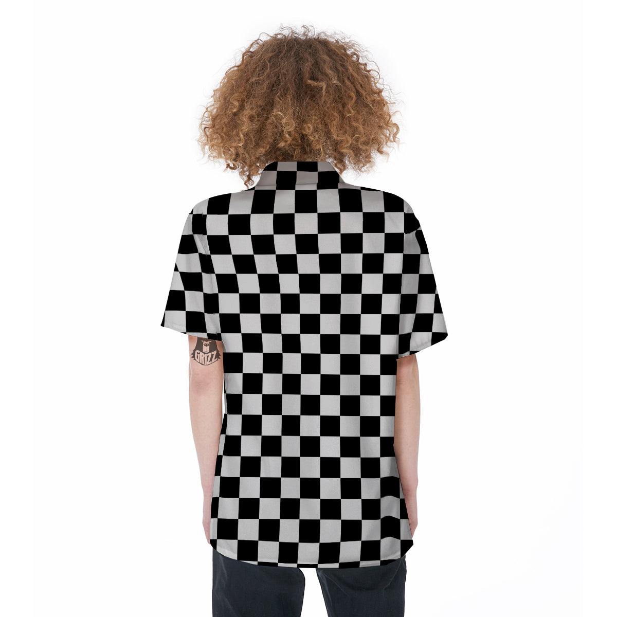 Black Checkered Flag Print Women's Short Sleeve Shirts-grizzshop