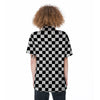 Black Checkered Flag Print Women's Short Sleeve Shirts-grizzshop