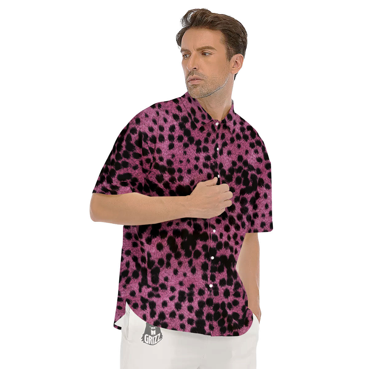 Black Cheetah And Hot Purple Print Men's Short Sleeve Shirts-grizzshop