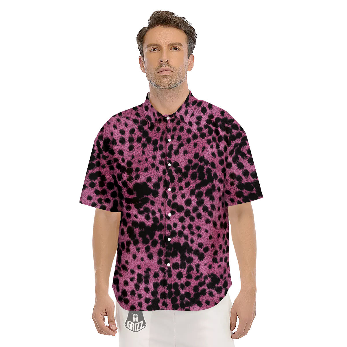 Black Cheetah And Hot Purple Print Men's Short Sleeve Shirts-grizzshop