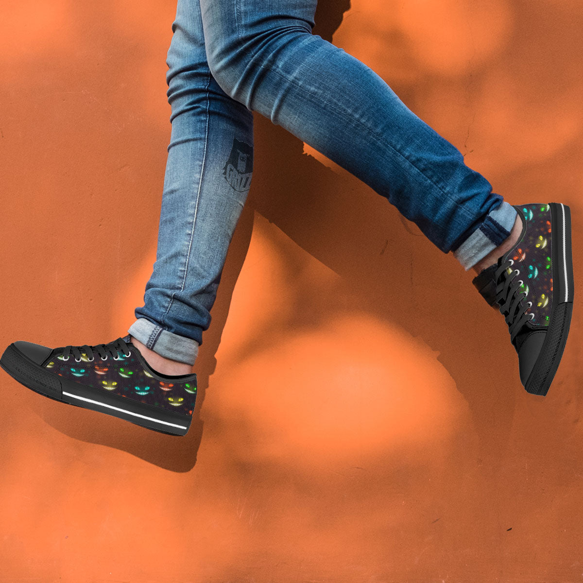 Black Cheshire Cat Print Pattern Black Low Top Shoes-grizzshop