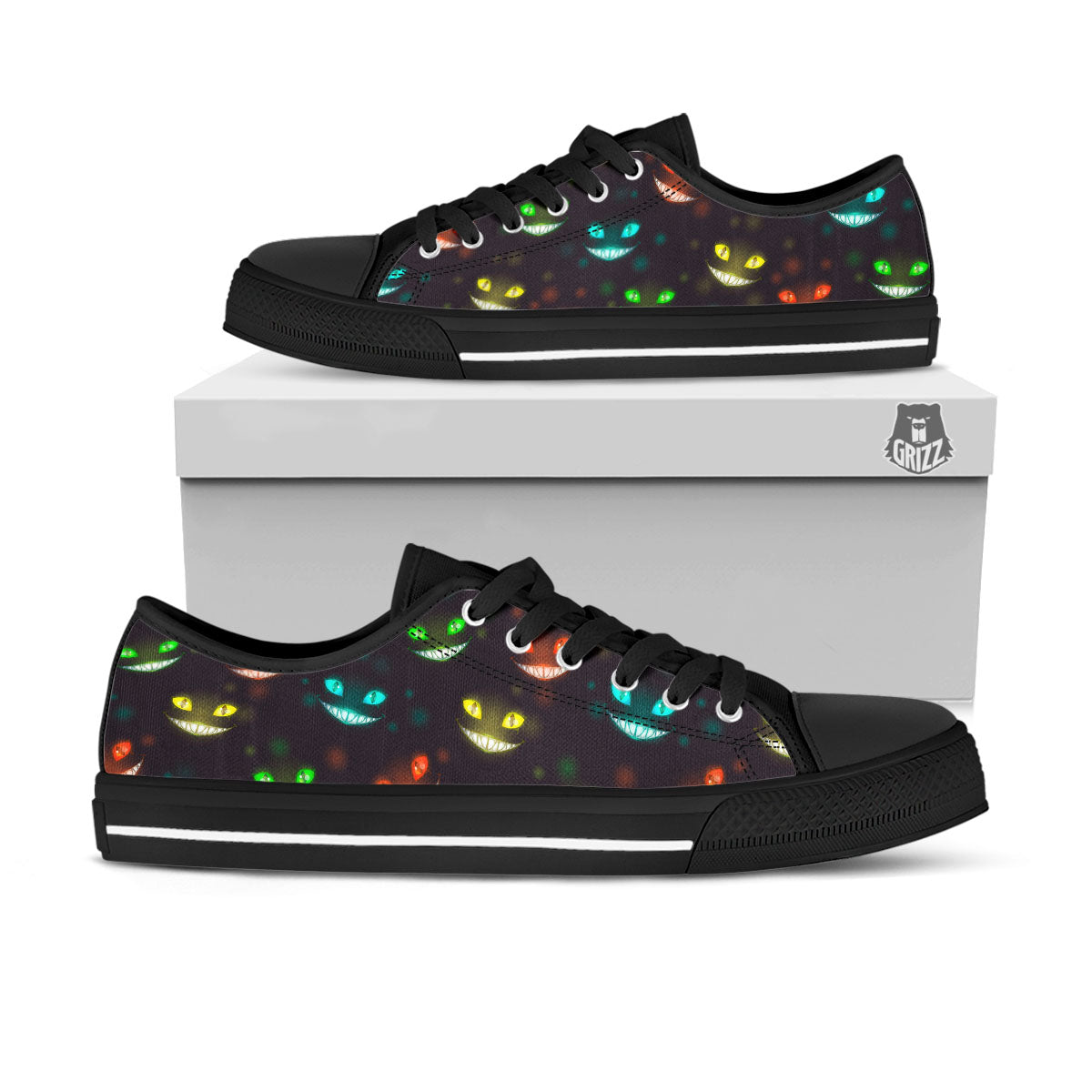 Black Cheshire Cat Print Pattern Black Low Top Shoes-grizzshop