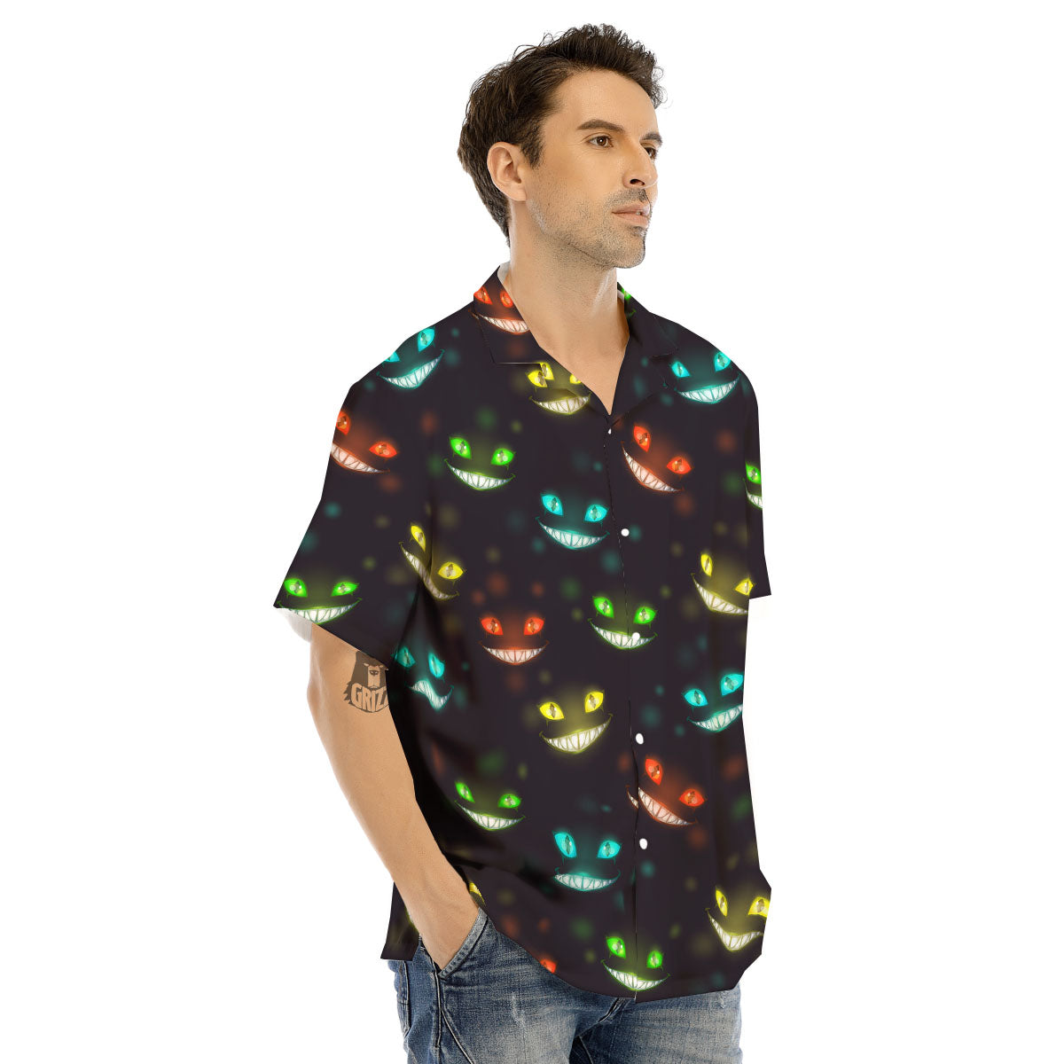 Black Cheshire Cat Print Pattern Men's Hawaiian Shirt-grizzshop