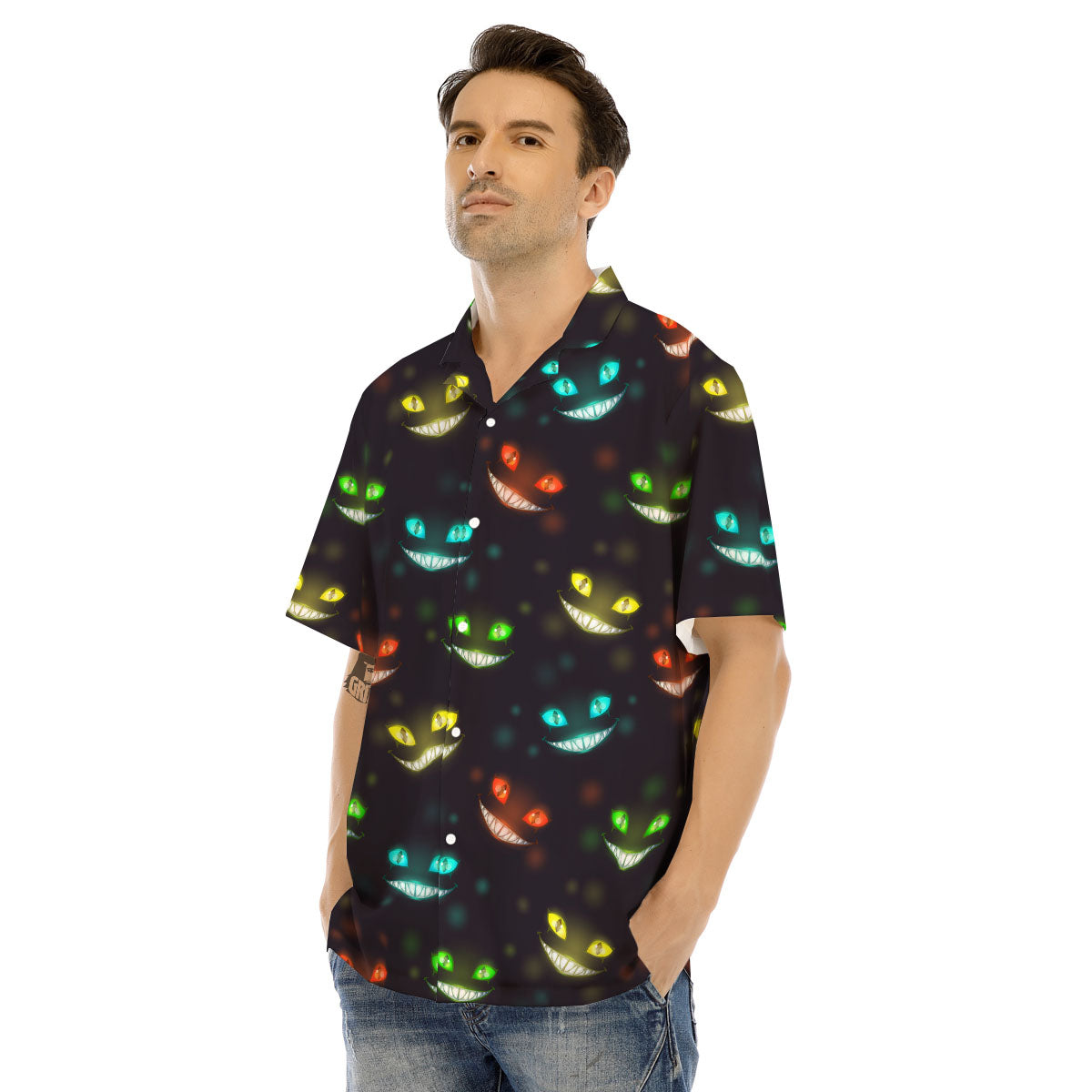 Black Cheshire Cat Print Pattern Men's Hawaiian Shirt-grizzshop