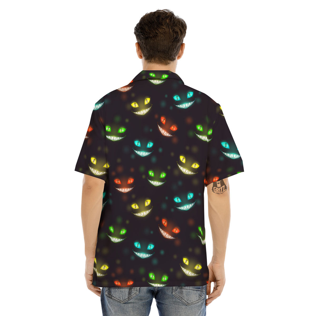 Black Cheshire Cat Print Pattern Men's Hawaiian Shirt-grizzshop