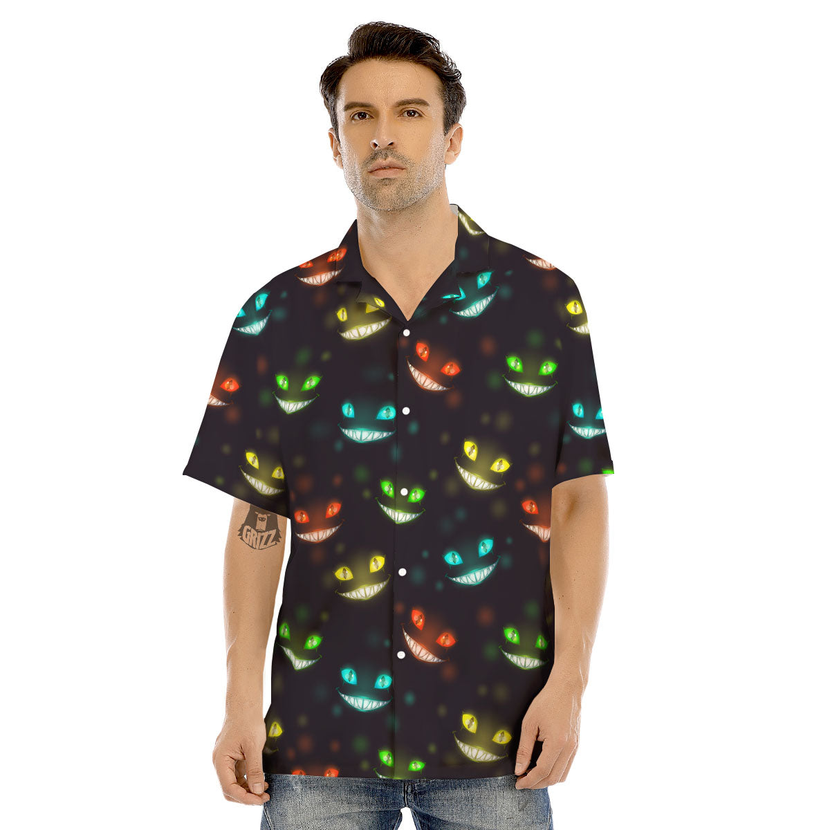 Black Cheshire Cat Print Pattern Men's Hawaiian Shirt-grizzshop